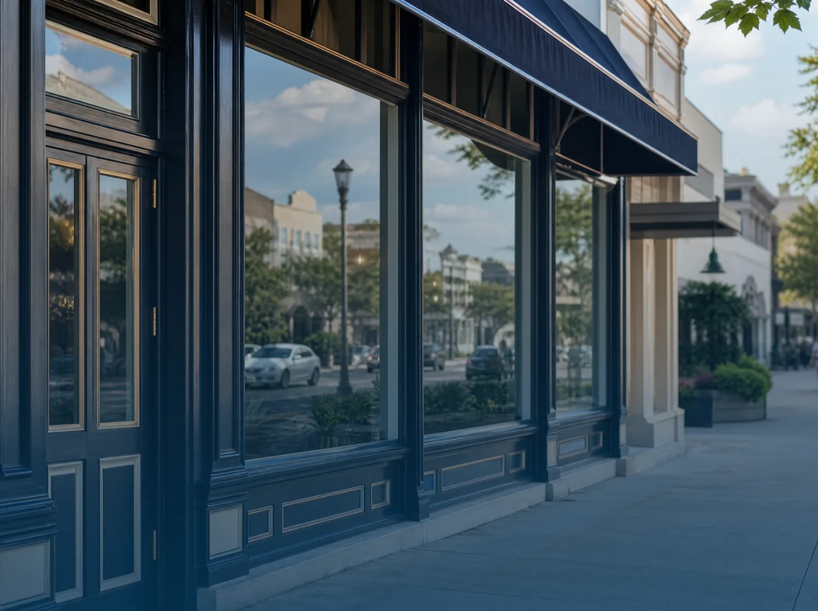 Downtown Mobile storefront with sparkling glass cleaned by Bay Windows