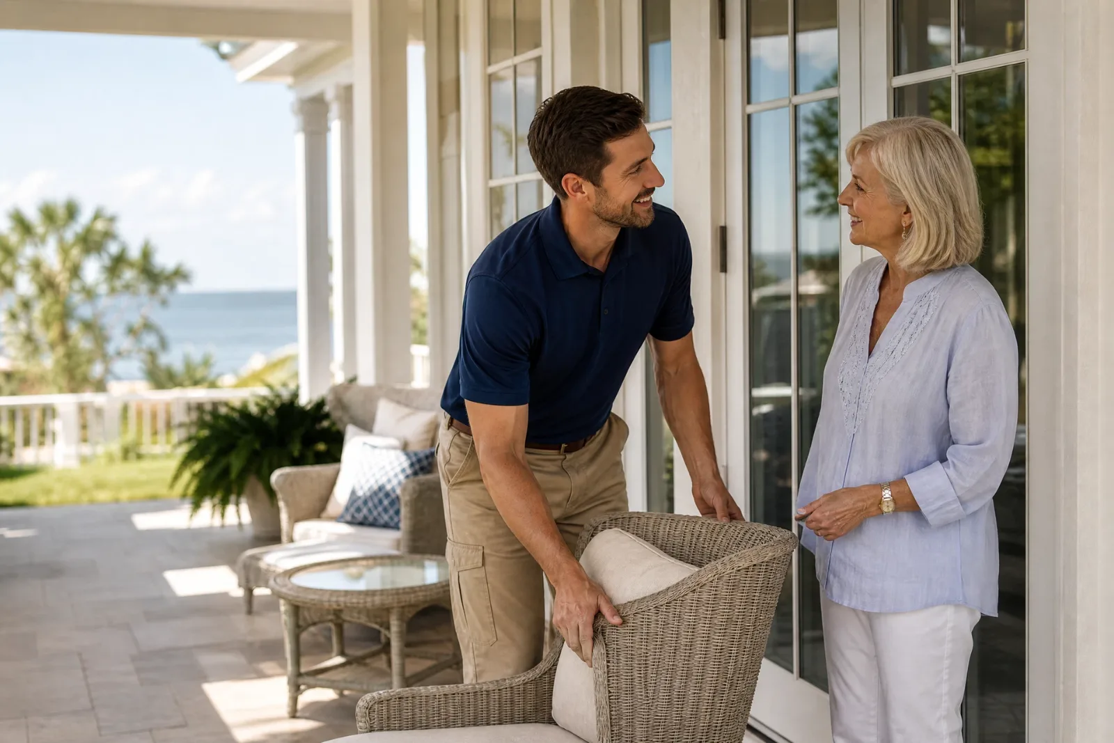 Bay Windows technician moving patio furniture while talking with a homeowner